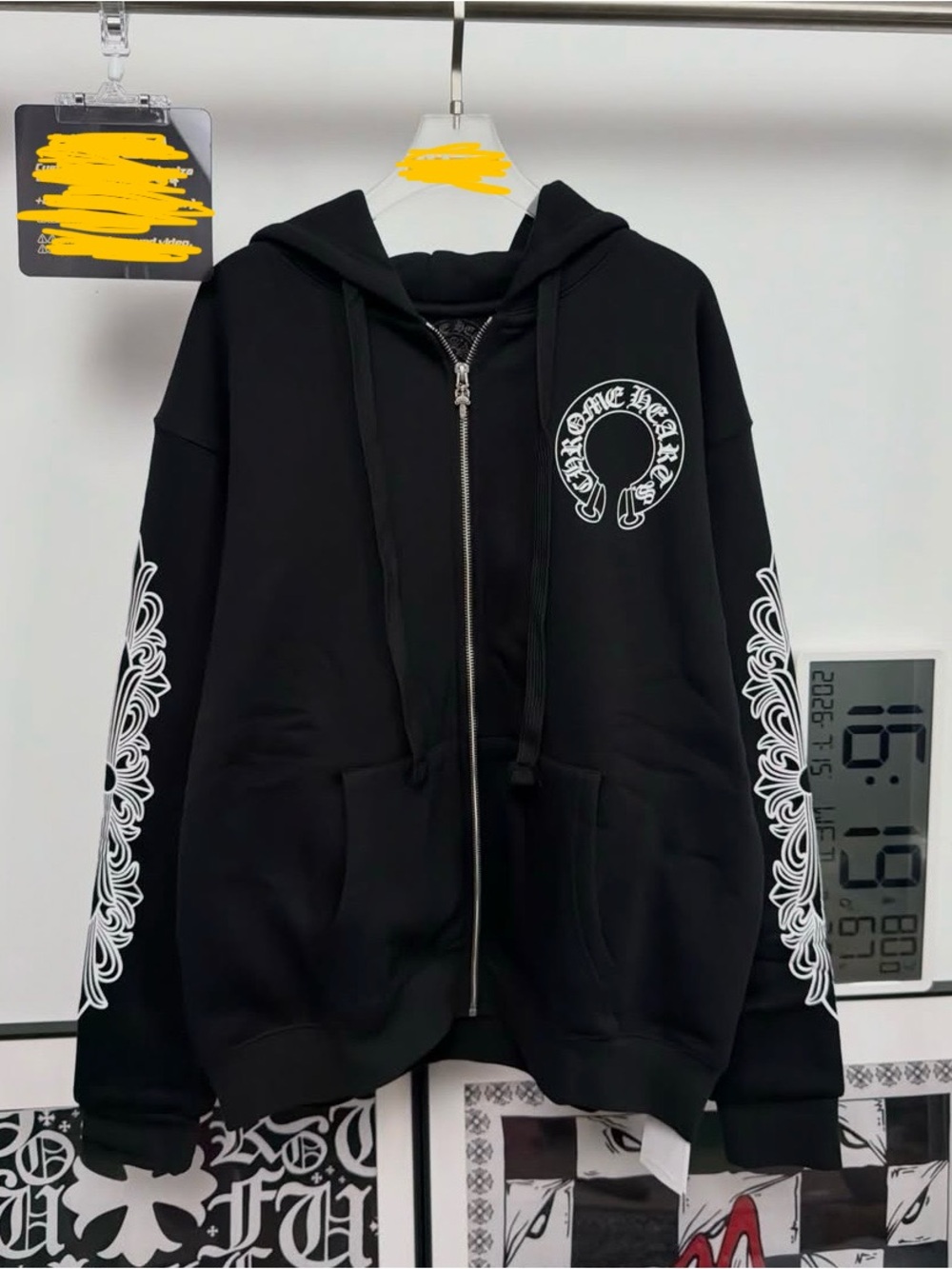 Chrome Hearts Black Zip Hoodie with White Sleeve Graphics